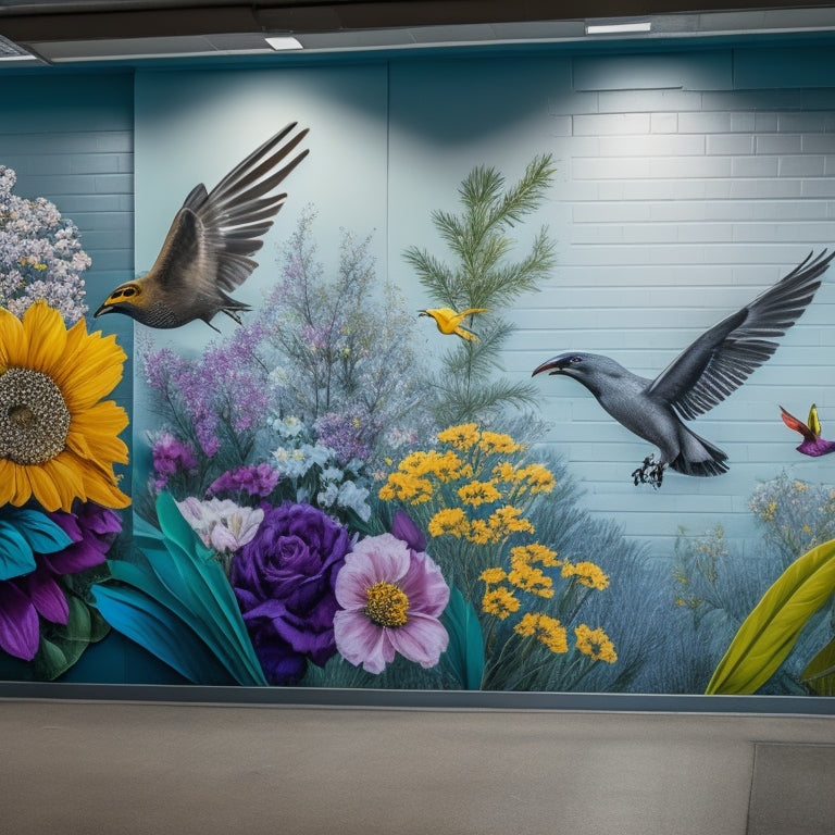 A vibrant, abstract mural splashes color across a juvenile detention center's gray walls, with brushstrokes and shapes morphing into broken chains, blooming flowers, and soaring birds.