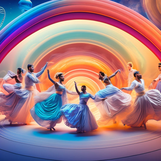 An illustration showcasing a flowing, swirling vortex of dancers in various attire, from ancient Greek togas to modern streetwear, set against a gradient background of evolving musical notes and instruments.