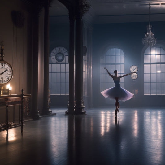 A serene, dimly lit dance studio with a lone dancer in mid-pirouette, surrounded by clocks showing different times, with a subtle gradient of dawn to dusk hues in the background.