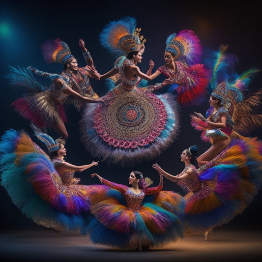 A kaleidoscope of colorful dancers in various dynamic poses, set against a dark background, with vibrant costumes, feathers, and accessories, surrounded by swirling patterns of light and energy.