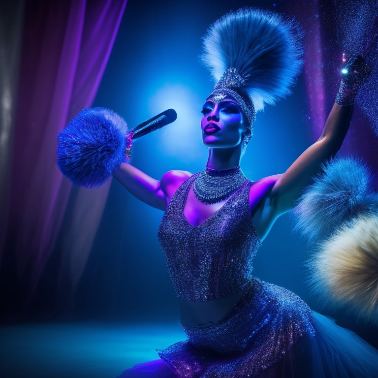 A dramatic, spotlit dancer in mid-pose, surrounded by scattered makeup brushes, rhinestones, and shimmering fabrics, with a blurred, darkened background and bold, colorful stage lights.