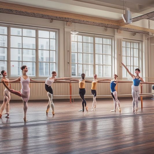 A ballet studio interior with a wooden barre, a measuring tape, and a few adult ballet dancers in various poses, with one dancer standing next to the barre with their elbow bent at a 90-degree angle.