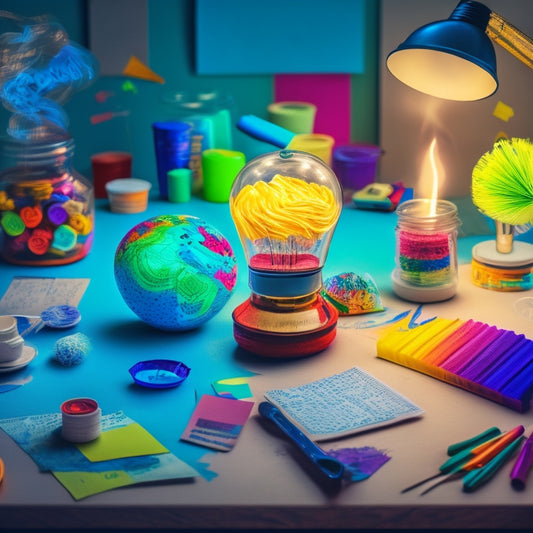 A vibrant, swirling mind map with colorful threads connecting lightbulb moments, paintbrushes, and artistic tools, surrounded by fluttering paper notes and scattered coffee cups on a cluttered desk.