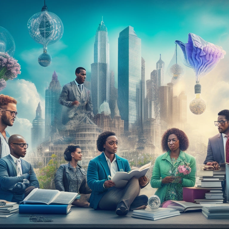 An illustration of diverse, futuristic educators and innovators of various ages and abilities, surrounded by swirling clouds of coding, gears, and lightbulbs, amidst a cityscape of towering books and blooming flowers.