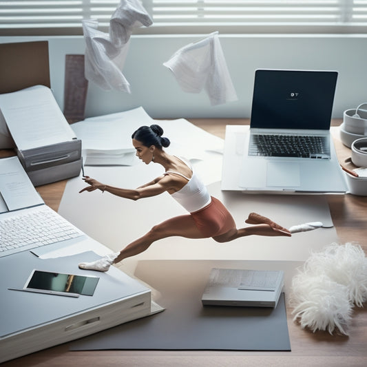 A minimalist illustration depicting a dancer in motion, surrounded by scattered papers and pens, with a laptop and a single, organized Form PDF on the screen, symbolizing streamlined program entry.