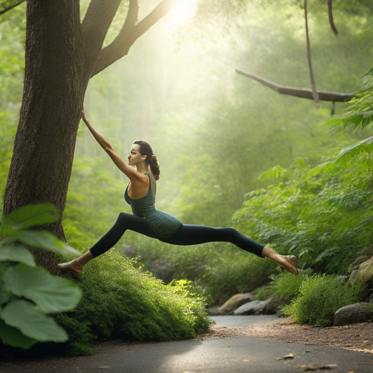 A serene background with a fit individual in the center, performing a gentle hamstring stretch, with one leg extended behind them and arms outstretched, surrounded by subtle hints of nature (leaves, flowers, or a faint outdoor scenery).