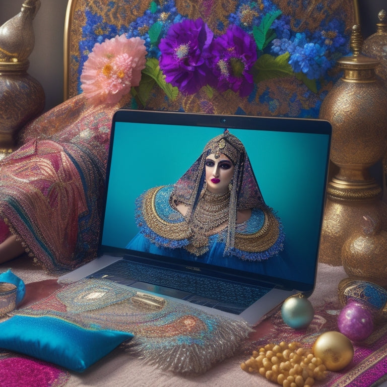 A whimsical illustration featuring a laptop surrounded by belly dance costumes, fabrics, and embellishments, with a partially designed costume on the screen, amidst a mix of Middle Eastern-inspired patterns and flowers.
