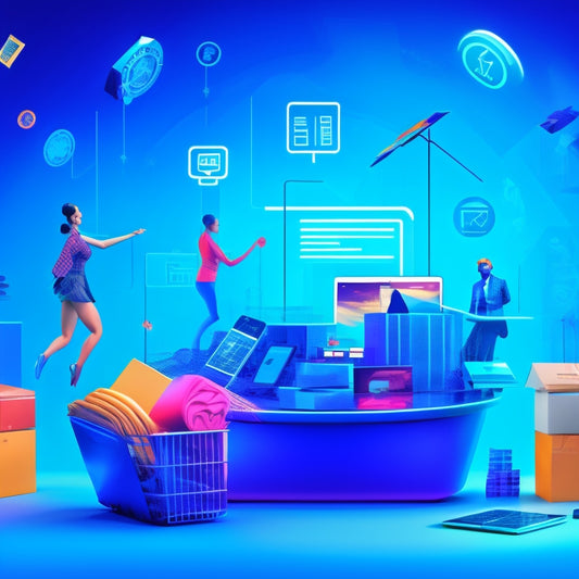 A stylized illustration of a dancing figure surrounded by digital devices, laptops, and tablets, with icons of online shopping carts, coins, and growth charts in the background, set against a bright, gradient blue tone.