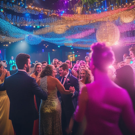 A lively wedding reception scene at night, with colorful string lights and a crowded dance floor, featuring guests of all ages dancing and laughing together under a sparkling disco ball.