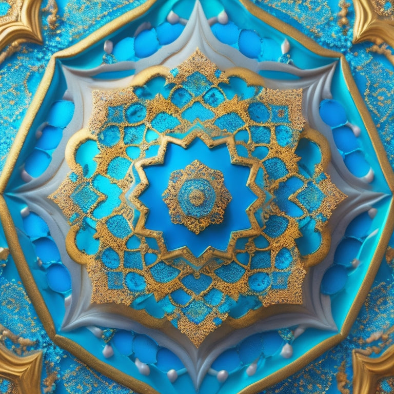 A vibrant, intricate Arabic geometric pattern fills the screen, with swirling golden curves and turquoise accents, surrounded by subtle, shimmering particles that evoke a sense of futuristic luxury.