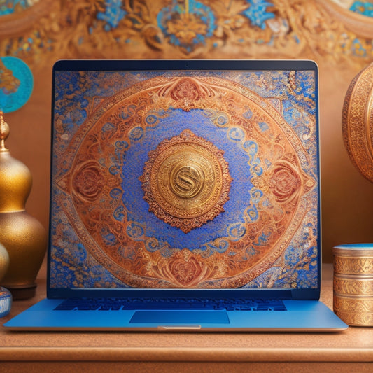 A whimsical illustration of a laptop surrounded by swirling Middle Eastern patterns, with a dancer's silhouette in the background, surrounded by flowing fabrics and shimmering coins.