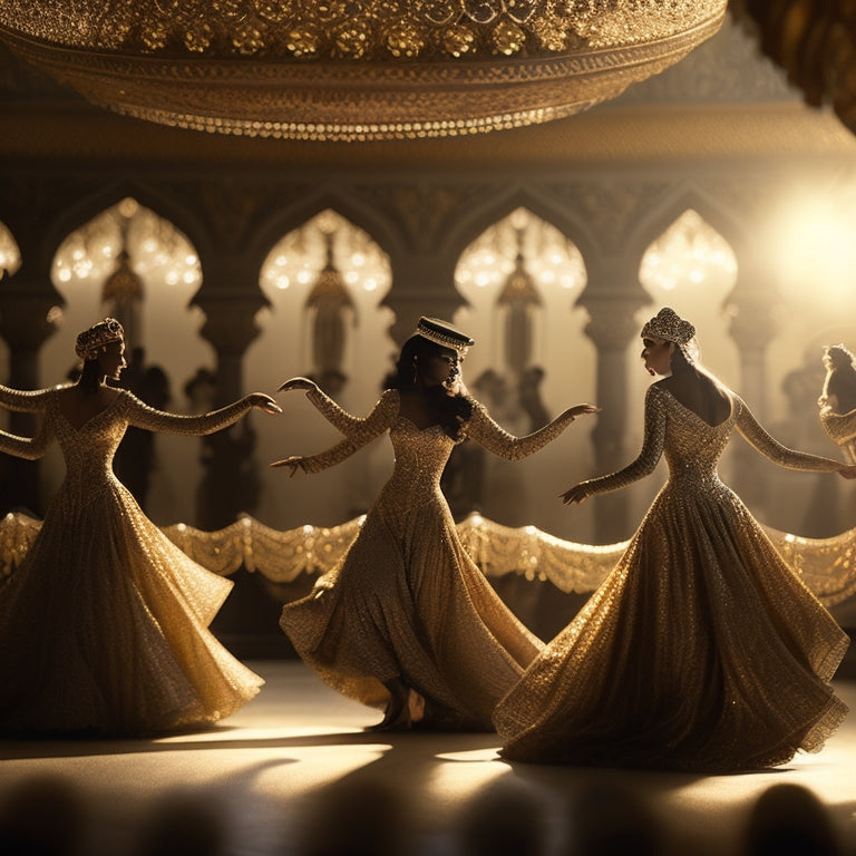 A whimsical, golden-lit background with swirling Arabic patterns, interspersed with dance-inspired silhouettes of twirling female figures, surrounded by intricate, curved ornaments and delicate, beaded curtains.