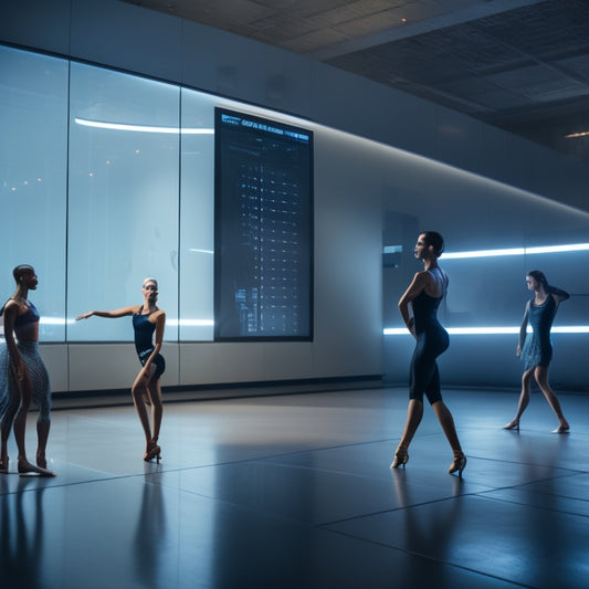 A futuristic, sleek dance studio with a large touchscreen display showcasing a digital score sheet, surrounded by dance judges observing a dancer in mid-pose, with subtle lighting and shadows.