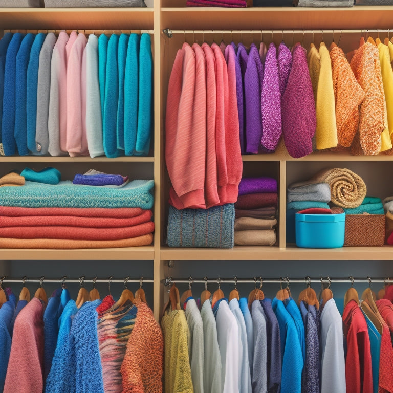A neatly organized closet showcasing vibrant clothing organizers; shelves filled with folded sweaters, hanging garments in color-coordinated order, and drawer dividers holding accessories, all bathed in warm, natural light.