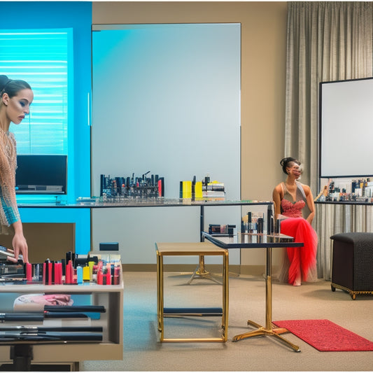 A bright, colorful dance studio with a large mirror, ballet bars, and a laptop on a table, surrounded by makeup brushes, eyeshadows, and lipsticks, with a dancer in the background practicing moves.