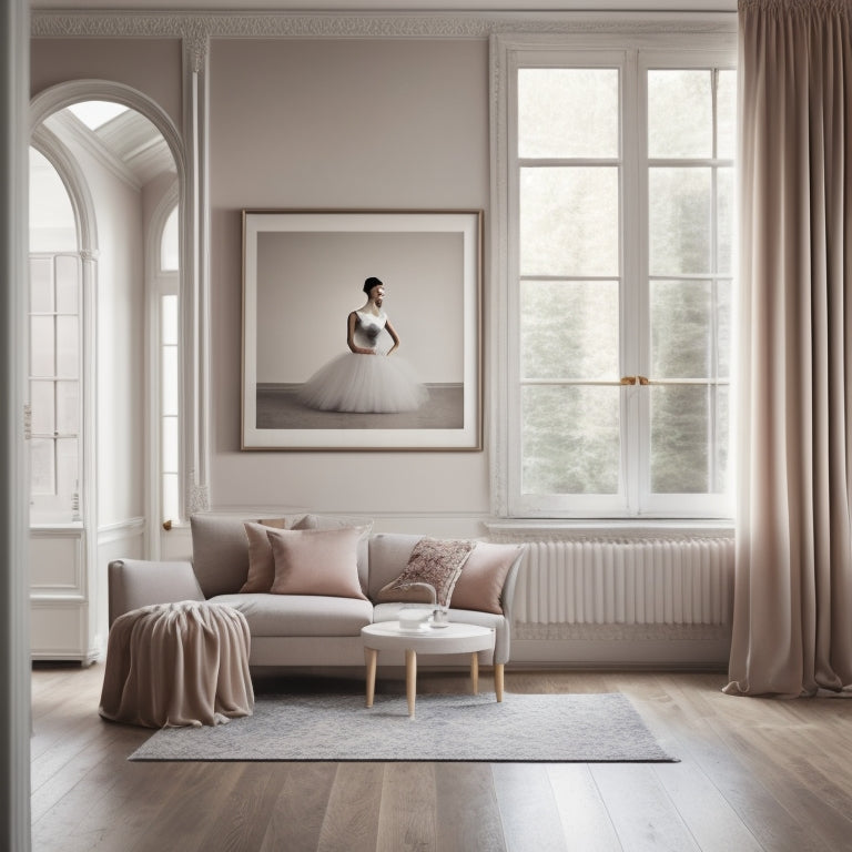 A serene, minimalist interior featuring a large, framed ballerina print in soft, muted colors, surrounded by delicate furniture and subtle, natural light filtering through sheer curtains.