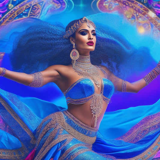 A vibrant illustration of a belly dancer in mid-performance, surrounded by YouTube play buttons, musical notes, and swirling patterns of Middle Eastern-inspired shapes and motifs, set against a deep blue background.