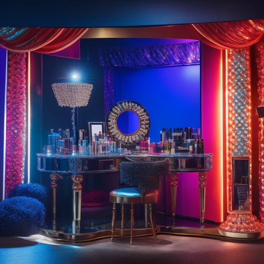 A glamorous, spot-lit makeup station with a dance-themed backdrop, surrounded by colorful makeup palettes, brushes, and a mirror reflecting a dancer's face with vibrant, bold makeup.