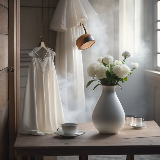 A serene, well-lit background with a delicate, flowing white dress hanging from a wooden hanger, surrounded by steaming cups, a handheld steamer, and a few fresh flowers.