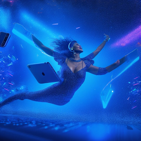 A vibrant illustration of a dancer in mid-air, surrounded by laptops, smartphones, and VR headsets, with colorful digital sparks and confetti swirling around, set against a dark blue background with neon lights.
