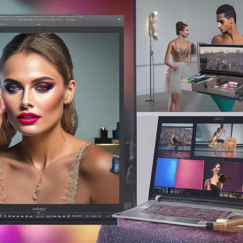 A split-screen image featuring a laptop screen displaying a dance makeup tutorial on one side, and a makeup station with various brushes, palettes, and products on the other, with a mirror reflecting a dancer's face in the background.