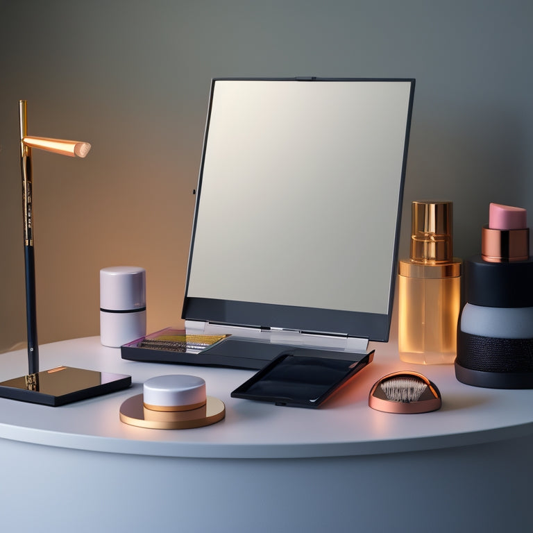 A minimalist, modern makeup station with a ring light, mirror, and various digital devices (tablet, smartphone, laptop) displaying different makeup tutorials and guides, surrounded by makeup brushes and products.