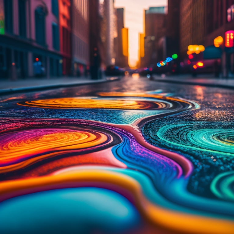 A close-up shot of a tar-lined street transformed into a vibrant, abstract art piece, with swirling patterns of bright colors and textures, surrounded by urban cityscape in the blurred background.