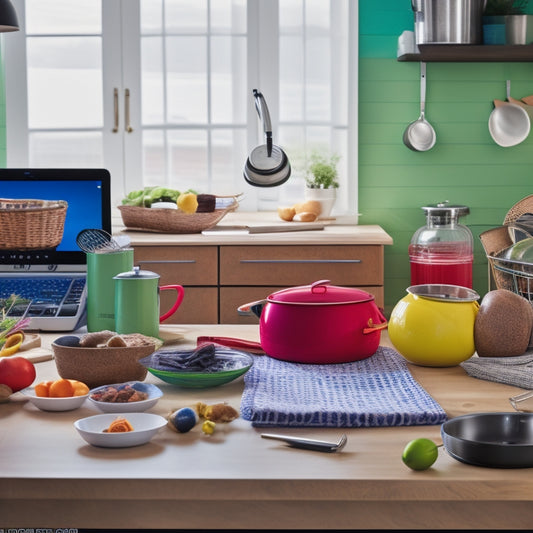 A colorful, clutter-free kitchen with a laptop open on a counter, surrounded by cooking utensils, a mixing bowl, and a few recipe printouts, with a pair of headphones and a phone nearby.