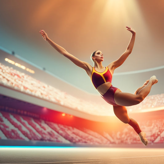 A stylized illustration of a female gymnast in mid-air, wearing a sleek leotard, with a subtle hint of a sports bra underneath, amidst a blurred background of a gymnastics arena.