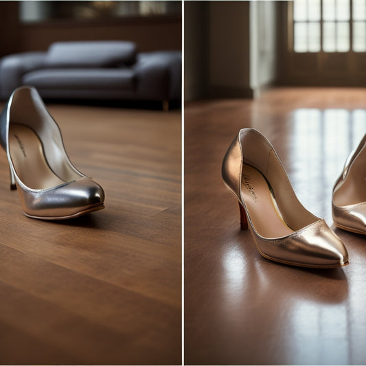 Image of a woman's foot in a dance shoe with visible arch support, next to a shoe without arch support for comparison, on a floor with a mirror reflecting the shoes.