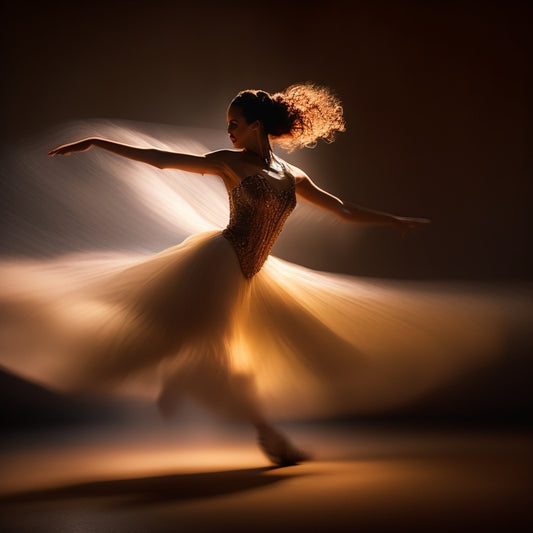 A blurred figure of a dancer in motion, set against a dark background, surrounded by trails of light and motion blur, with a shallow depth of field, capturing the essence of dynamic movement.