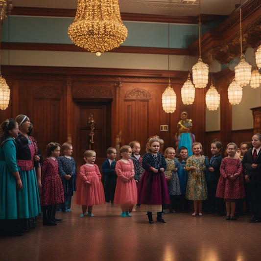 A dimly lit Mormon church cultural hall with a polished wood floor, adorned with balloons and streamers, where girls in modest dresses stand awkwardly, surrounded by expectant parents and chaperones.