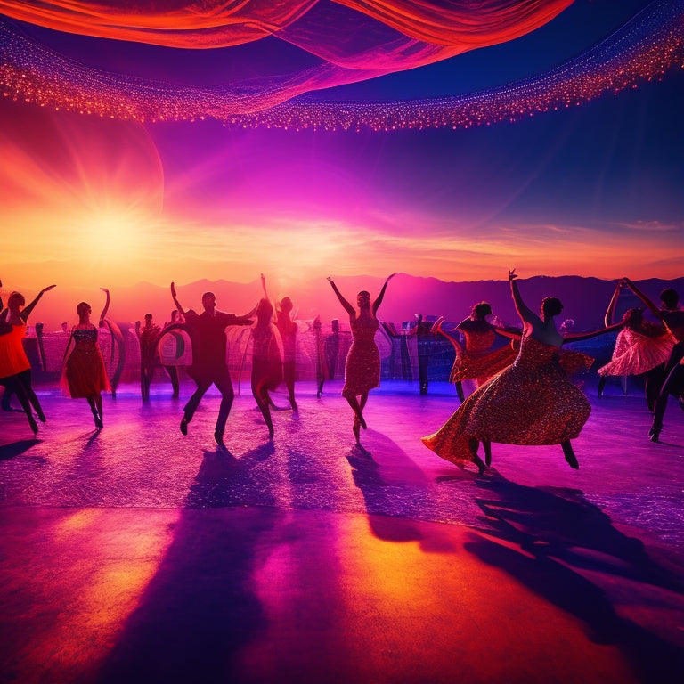 A vibrant, swirling dance floor scene at sunset, with silhouetted dancers in various styles (ballet, hip-hop, contemporary) moving in harmony, surrounded by spotlights, mirrors, and floating music notes.