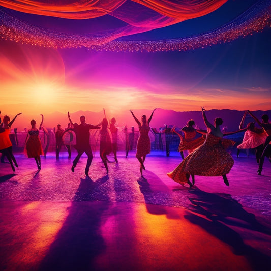 A vibrant, swirling dance floor scene at sunset, with silhouetted dancers in various styles (ballet, hip-hop, contemporary) moving in harmony, surrounded by spotlights, mirrors, and floating music notes.