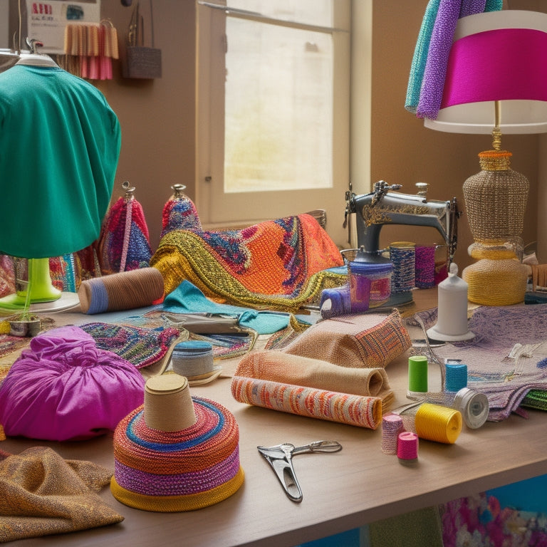 A colorful, cluttered workspace with scattered fabrics, threads, and beads, featuring a central mannequin wearing a half-designed costume, surrounded by sketches, scissors, and a sewing machine.