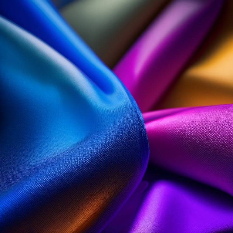 A close-up image of vibrant dance fabrics, showcasing a variety of textures like satin, spandex, and mesh, displayed in flowing drapes, with light reflecting off each material, highlighting their stretch and breathability.
