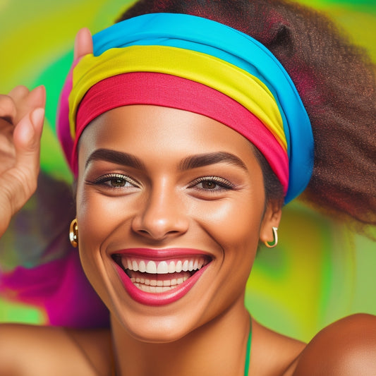 An illustration of a young woman with a big smile, dancing in a bright and colorful studio, wearing a vibrant headband that stays perfectly in place despite her energetic movements.