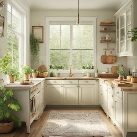 A bright, airy kitchen with cream-colored cabinets, warm wooden floors, and a large window with a lush greenery view, featuring a mix of modern and vintage-style printable wall art in various shapes and sizes.