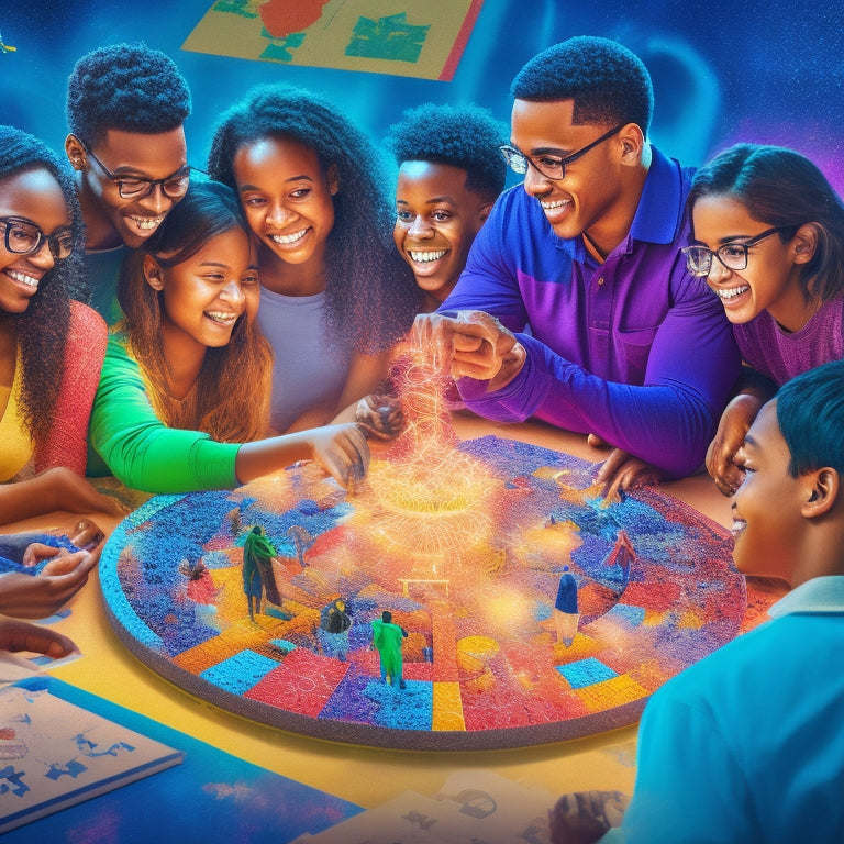 A vibrant illustration of diverse students of various ages and abilities gathered around a large, glowing puzzle, with puzzle pieces floating in the air, interconnected by swirling mathematical symbols.