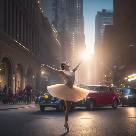 A spotlight shines on a dancer in mid-pirouette, surrounded by musical notes and theater masks, with a subtle cityscape or Broadway-inspired background, conveying energy and movement.