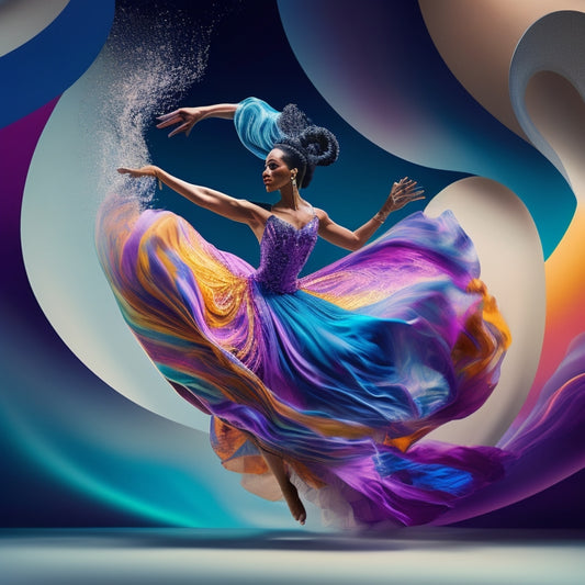 A whimsical illustration featuring a dancer in motion, surrounded by abstract shapes and swirling lines, conveying fluidity and freedom, set against a muted color palette with pops of vibrant hues.