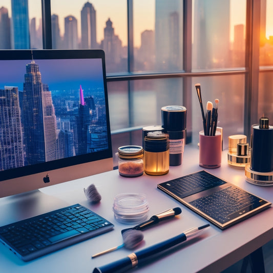 A minimalist illustration of a makeup artist's workspace, with a laptop and smartphone surrounded by brushes, palettes, and cosmetics, amidst a blurred cityscape background with subtle digital graphics.