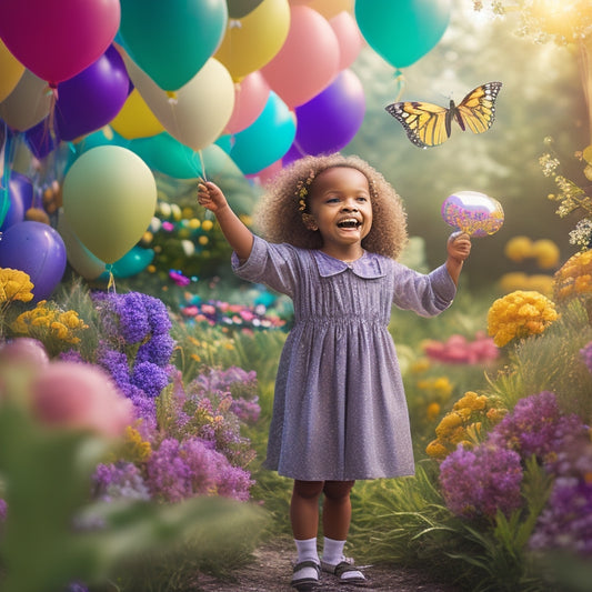 A whimsical illustration of a smiling child standing in a blooming garden, surrounded by vibrant butterflies and floating balloons, with a subtle sparkle emanating from their outstretched arms.