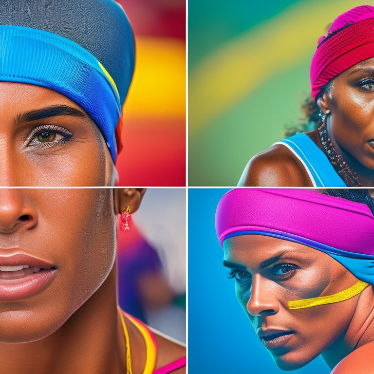 Create an image of diverse athletes in action, wearing vibrant sweat-absorbing headbands. Show close-ups of headbands with textured fabric, beads of sweat, and dynamic movement against a blurred background of a running track.