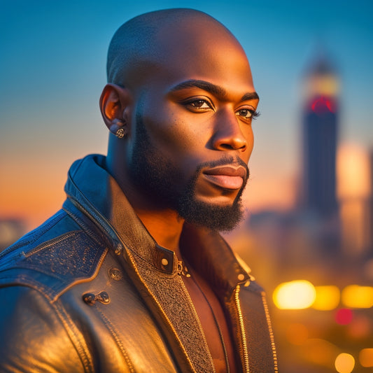 A golden-lit portrait of Cortland The Great, a young African American man with a shaved head and trimmed beard, wearing a sleek black leather jacket and gold chain, posing confidently in front of a vibrant Columbus cityscape at dusk.