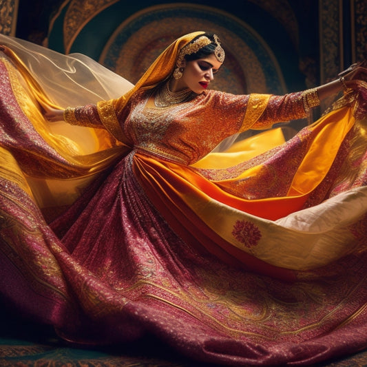 A vibrant, whimsical illustration of a woman surrounded by swirling fabrics, veils, and Middle Eastern patterns, with a subtle sparkle effect and warm, golden lighting, evoking joy and dance movement.