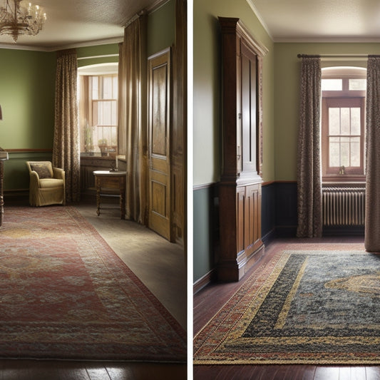 A split-screen image: on the left, a room with old, worn-out carpet, and on the right, the same room with a newly installed Marley floor, with a subtle before-and-after contrast.
