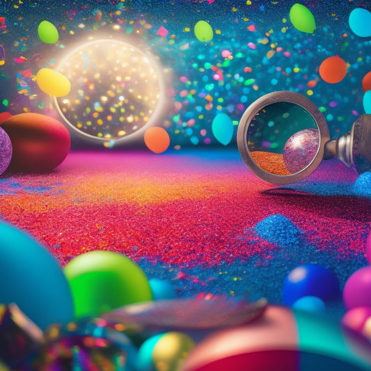 A vibrant illustration of a dance floor filled with confetti, balloons, and spotlights, featuring a giant magnifying glass hovering above a sea of scattered dance-related words.