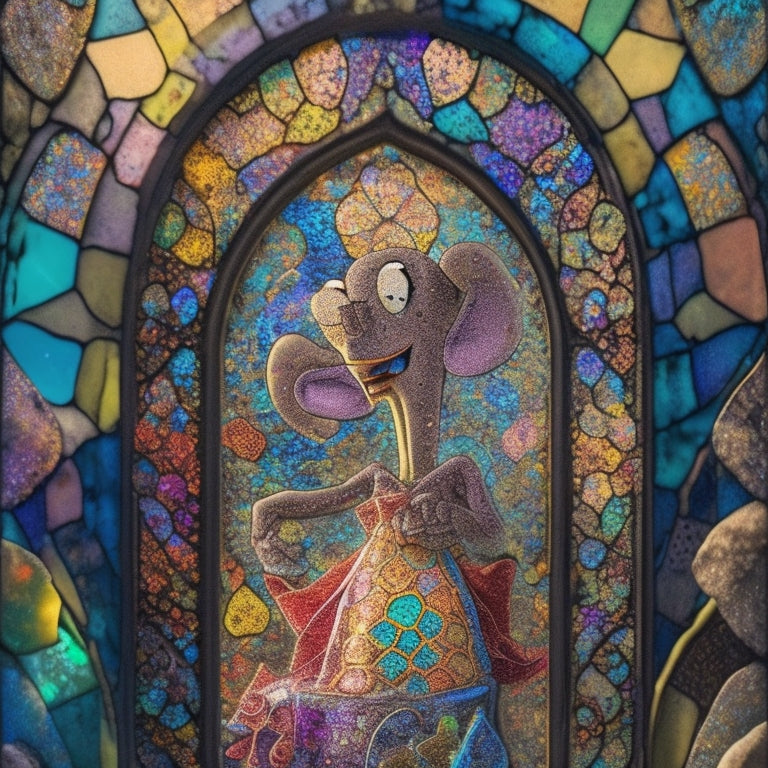 A whimsical illustration of Squidward Tentacles from SpongeBob SquarePants, surrounded by vibrant stained glass fragments, amidst a kaleidoscope of colors, with musical notes and seaweed swirling around him.