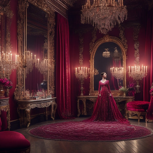 A lavish, dimly lit theatre dressing room with ornate mirrors, velvet drapes, and a central pedestal displaying an exquisite, beaded, crimson gown, surrounded by scattered feathers, lace, and sparkling jewelry.